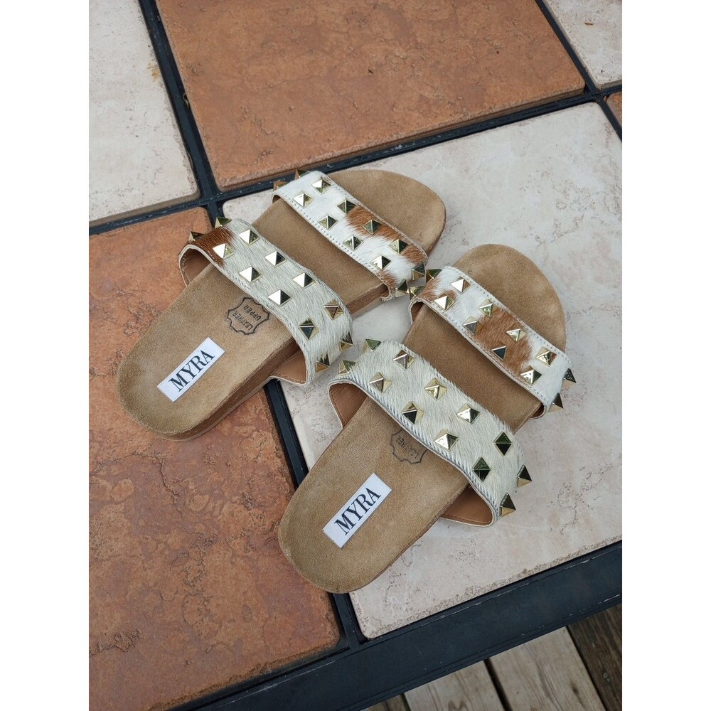 Myra Leather Cow Hide Print Studded Spikes Slip On Sandals 6
